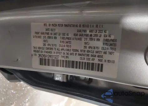 2021 Mazda Cx-30 2.5 Turbo из США, поврежденный, VIN 3MVDMBAY2MM310237